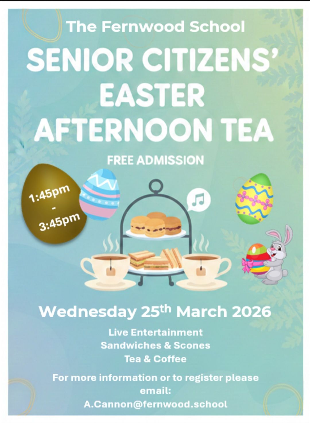 The Senior Citizens’ Easter Afternoon Tea will take place on Wednesday 25th March 2026
